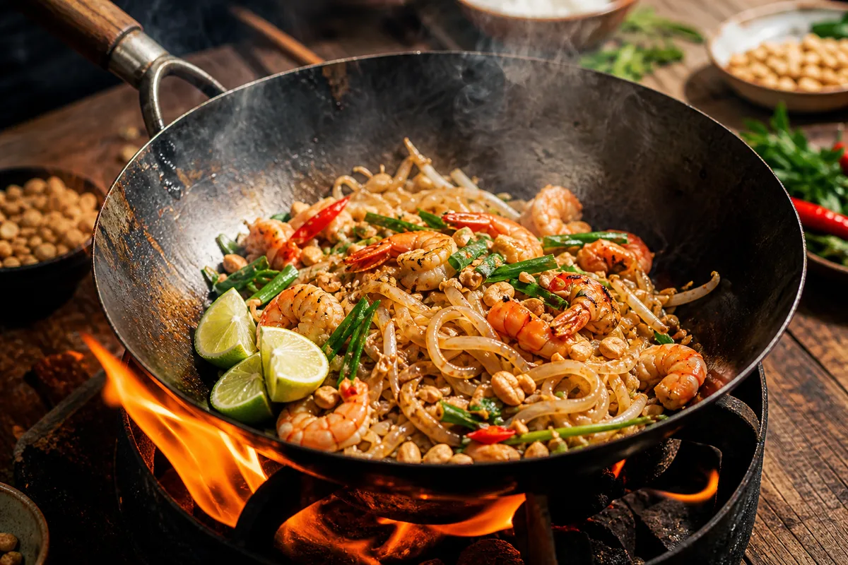 Wok en acier fumant sur un feu vif avec nouilles de riz, crevettes, cacahuètes concassées et quartiers de citron vert